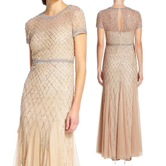 Adrianna Papell Gown Beaded Mesh Diamond Pattern Short Sleeve Champagne 6 Petite - Picture 1 of 16